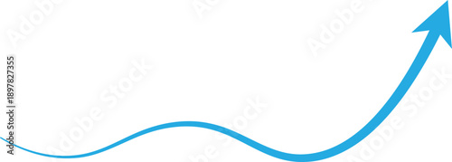 Blue upward arrow curve with smooth growth wave line. Minimal business progress symbol showing rising trend and success direction. Clean modern graphic ideal for finance charts, presentations, and mar
