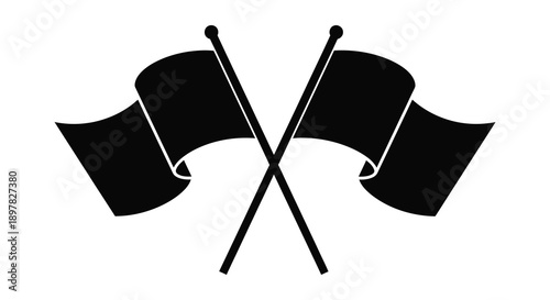 A stark black and white image depicts two crossed flags their shapes simple and bold against a white background