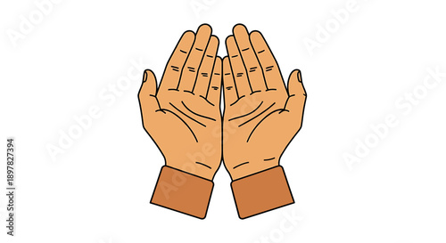 Cartoon style illustration of hands in prayer position wearing orange sleeves for religious concepts and spiritual activities isolated on white background with thick black outline