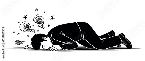 Dizzy businessman fainted on the floor experiencing vertigo or extreme fatigue, depicted with swirling lines and stars, useful for depicting occupational burnout and health issues.