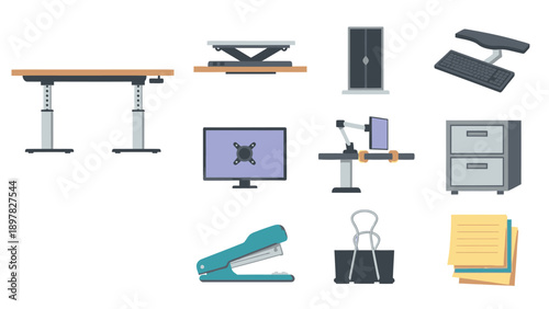 A practical collection of ergonomic office furniture and desk accessories, including adjustable height workstations, monitor supports, keyboard trays, and essential stationery for modern