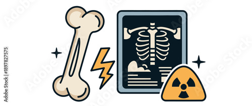 Depiction of a human bone next to an Xray image showing a skeletal structure and a radiation warning symbol for medical diagnostics and health awareness presentations
