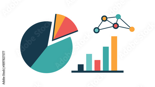 Visual data analysis tools including a colorful pie chart, an abstract network graph, and a multisegment bar graph, representing business information and statistical reporting for various