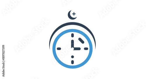 Islamic crescent moon and star above clock icon signifying prayer times and religious observance, a symbol for Islamic traditions and Ramadan celebrations.