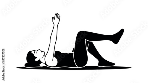 A woman performs a supine exercise with bent knees and one arm extended upward, perfect for fitness guides, workout apps, and health promotional materials.