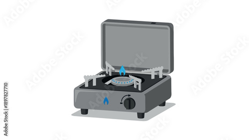 Compact portable gas stove with a lit blue flame, perfect for outdoor enthusiasts, camping trips, backpacking adventures, and emergency cooking situations.