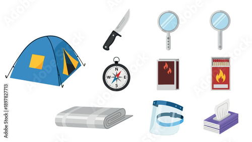 Essential camping and survival gear collection featuring a tent, knife, compass, matches, and blanket for outdoor adventures and wilderness exploration marketing materials.