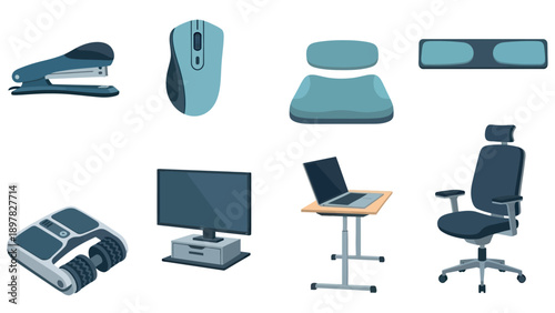 Various ergonomic office equipment and workstation supplies perfect for creating a comfortable and productive professional environment at home or corporate setting