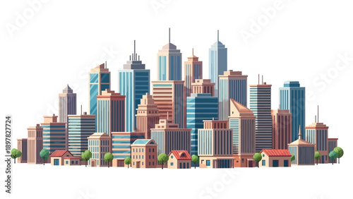 Expansive urban landscape featuring a modern city skyline composed of various buildings, skyscrapers, and residential houses, ideal for depicting community development and urban planning