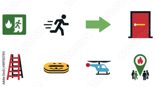 Collection of safety and emergency icons including fire exit, running person, arrow, door, ladder, raft, helicopter, assembly point, for public safety communication