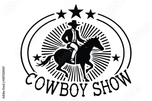 Black and White Western Cowboy Riding Horse with Starburst Background
