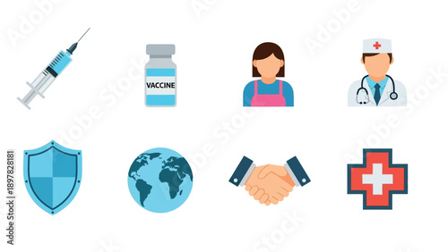 Comprehensive collection of health protection and global vaccination icons depicting medical personnel, syringes, and a vaccine vial, ideal for public health campaigns and healthcare