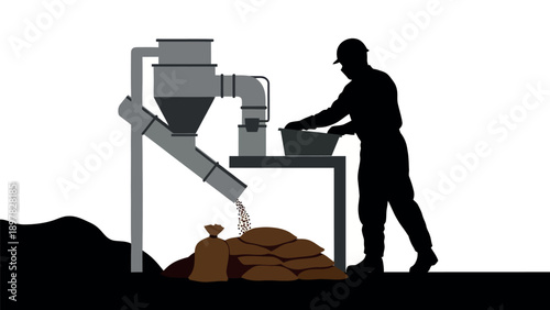 Industrial worker manning processing equipment that bags granular products into sacks, perfect for showcasing manufacturing operations and labor productivity in various industries.