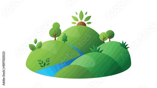Lush green natural landscape featuring rolling hills, flowing river, and diverse trees, ideal for environmental and ecological awareness campaigns and sustainable development initiatives.