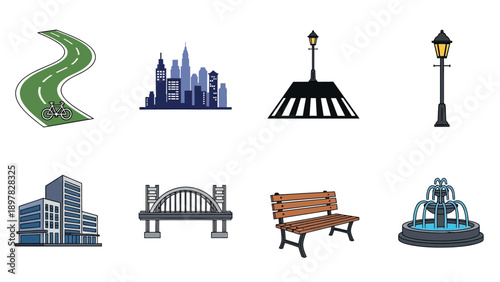 Collection of essential urban infrastructure and public park elements suitable for city planning, architectural visualization, and public space design projects