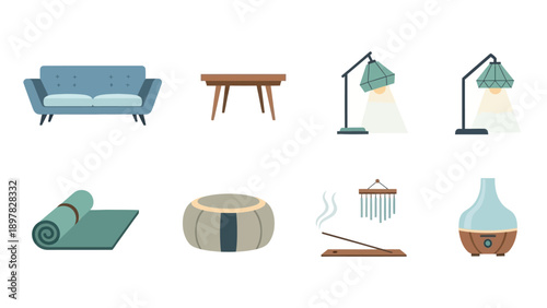 Modern furniture and wellness objects including a sofa, table, lamps, yoga mat, meditation cushion, incense, and essential oil diffuser for home living concepts.