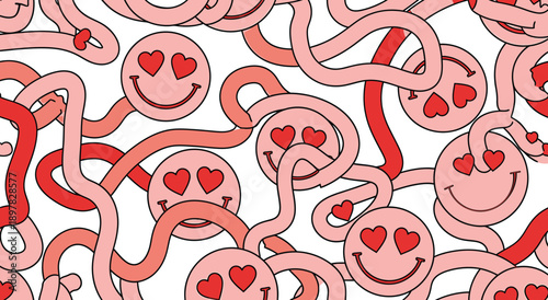 Love Emoticons Pattern: Playful pattern features repeating emoticons with heart eyes and connecting lines, creating a cheerful, abstract design.