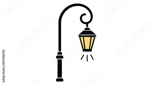 Classic street lamp with a luminous yellow lantern emitting light, perfect for adding a touch of vintage charm to various visual projects and applications