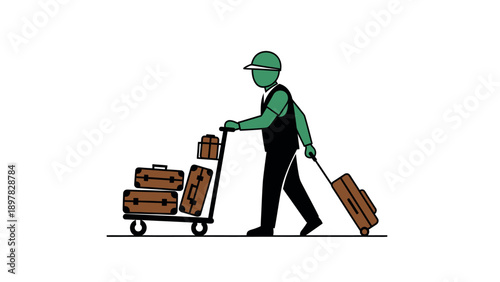 A staff member wearing a green cap and uniform is efficiently moving multiple brown suitcases on a luggage cart and pulling another rolling bag, perfect for illustrating travel and