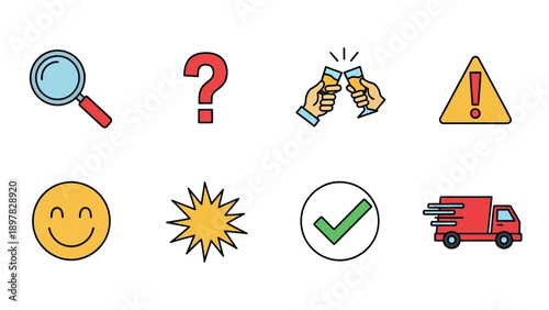 Curated collection of essential graphic icons for user interface and web design, depicting search, inquiry, celebration, alert, emotion, emphasis, validation, and rapid transport services.