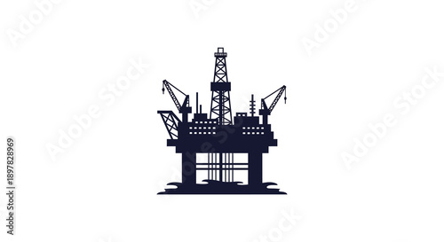 A minimalist dark blue silhouette depicts an offshore oil and gas platform with cranes and support structures