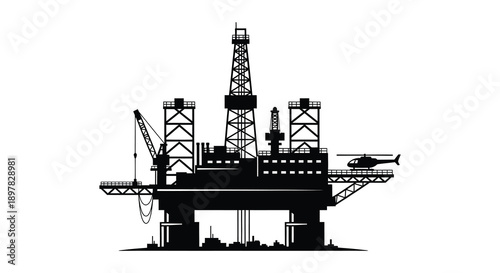 A stark black silhouette depicts an offshore oil rig complex with a helicopter nearby high quality professional detailed