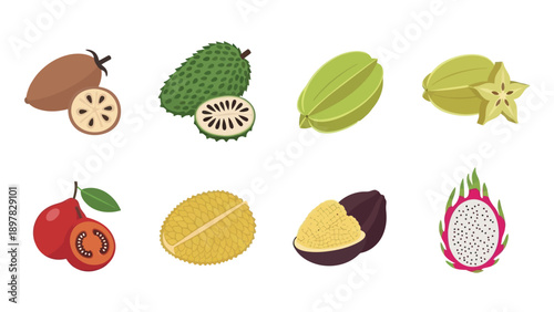 A diverse collection of fresh vibrant exotic fruits, including whole and sliced varieties, excellent for promoting healthy nutrition, cooking recipes, or tropical food industry products.