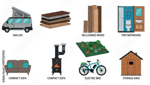 Collection of sustainable tiny house living components, featuring a camper van, various wood types, a compact bathroom, wood stove, electric bike, and shed for eco friendly home designs.