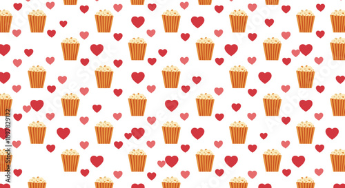 A festive pattern of popcorn and hearts.