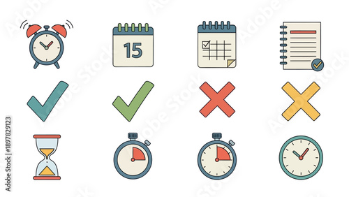 A collection of simple vector icons for time management, scheduling, and task tracking, ideal for business presentations, mobile applications, and organizational tools.