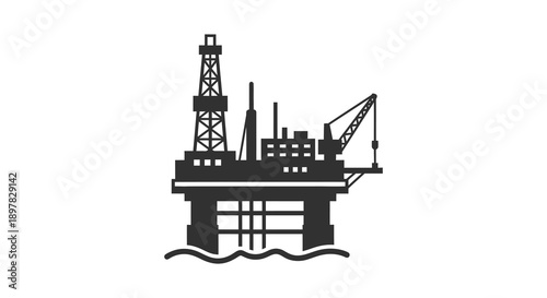 A stark black silhouette depicts an offshore oil rig structure over water showcasing industrial energy production high quality
