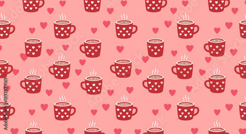A pattern of red coffee cups and hearts on pink background.