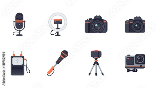 Collection of essential vlogging equipment and streaming gear for digital content creators, perfect for illustrating online media production, video recording, and podcasting applications