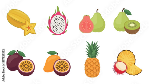 Colorful tropical fruits assortment for a healthy eating concept, perfect for food packaging, recipe websites, and wellness blogs promoting fresh and exotic produce.