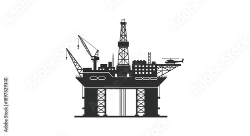 A stark black and white illustration depicts a complex offshore oil and gas platform with multiple structures high quality professional