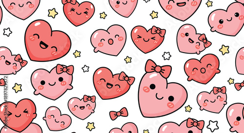 Cheerful Hearts Pattern: A whimsical and delightful pattern featuring a multitude of adorable hearts with varied expressions and charming bow accents. Perfect for conveying joy, affection.
