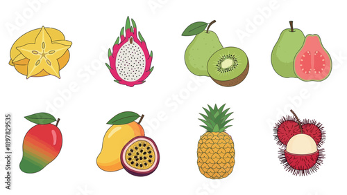 Colorful assortment of tropical fruits such as starfruit dragon fruit kiwi guava mango passion fruit pineapple and rambutan ideal for promoting healthy eating and fresh produce