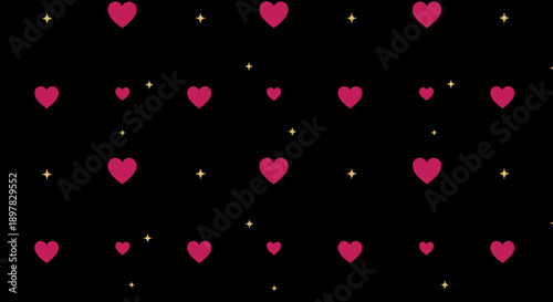 A black background with pink hearts and gold dots.