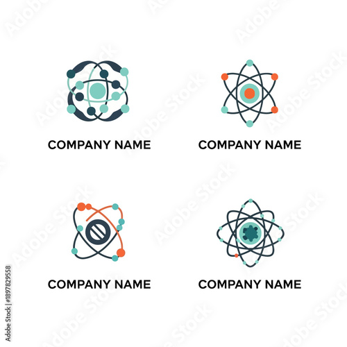 Set of Four Atom-Inspired Company Logos with Modern Design.