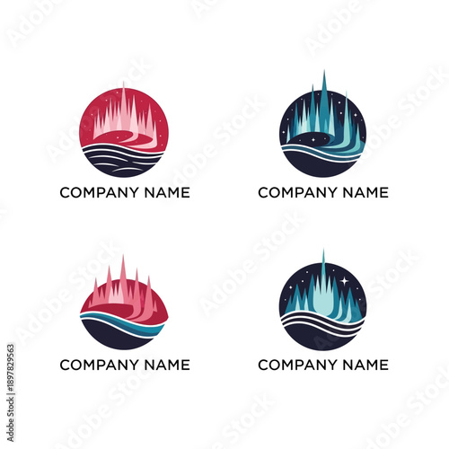 Set of Four Circular Logos Featuring Abstract Aurora Borealis and Cityscape Designs.