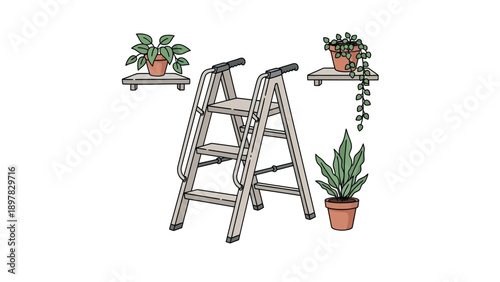 A pair of sturdy step ladders stand ready for household tasks surrounded by various green potted plants displayed on wall shelves and the floor, perfect for home maintenance or indoor