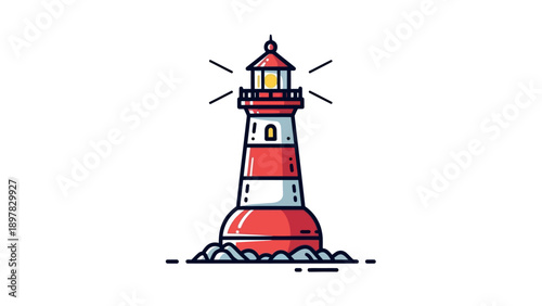A vibrant red and white striped lighthouse with an active shining light guides ships and sailors through nautical waters, perfect for depicting coastal safety and maritime themes.