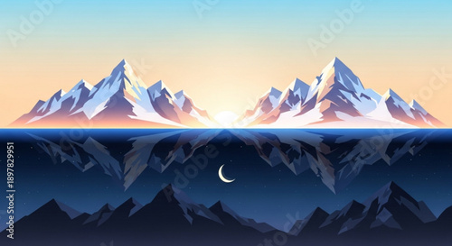 Snowy Mountain Range Reflected in Water during Sunset with Crescent Moon