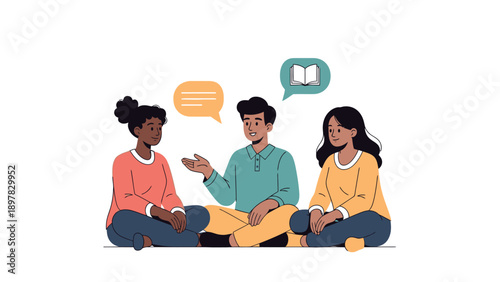 Three diverse young adults engage in a thoughtful group discussion and a book club meeting, ideal for educational content, collaborative learning, and community engagement promotions.