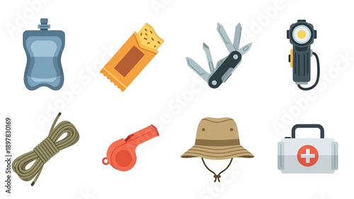 Essential outdoor gear including a water bottle, energy bar, multitool, headlamp, rope, whistle, sun hat, and first aid kit, perfect for adventure travel and survival guides.