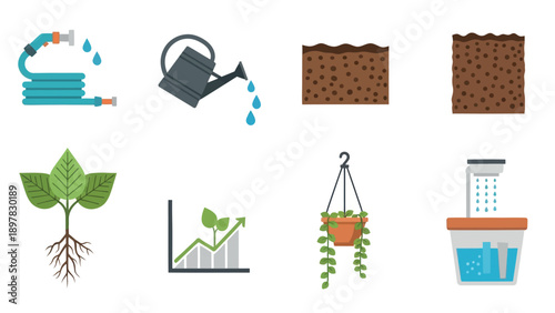 Gardening and plant care icons featuring watering equipment like hose and can, fertile soil, a healthy plant, a growth chart, a decorative hanging plant, and a hydroponic system, perfect