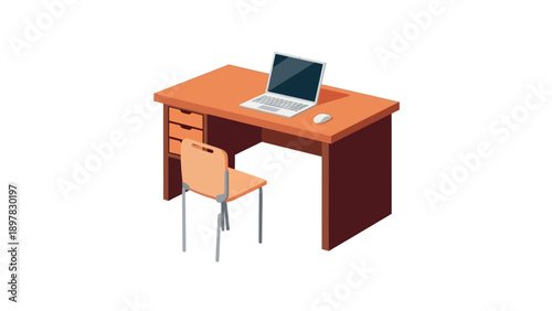 Isometric office desk with laptop and chair, perfect for depicting remote work environments, educational settings, or modern home study areas in digital presentations and informational