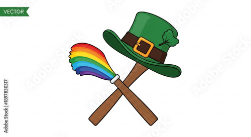Leprechaun Hat with Rainbow Feather Duster on White Background