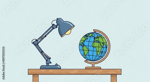 Globe and Desk Lamp on Wooden Table, Isolated on White Background