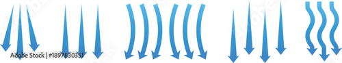 Air flow. Set of blue arrows showing direction of air movement. Wind direction arrows. Vector set of air flow arrows. Blue air flow arrows showing wind circulation and ventilation. 